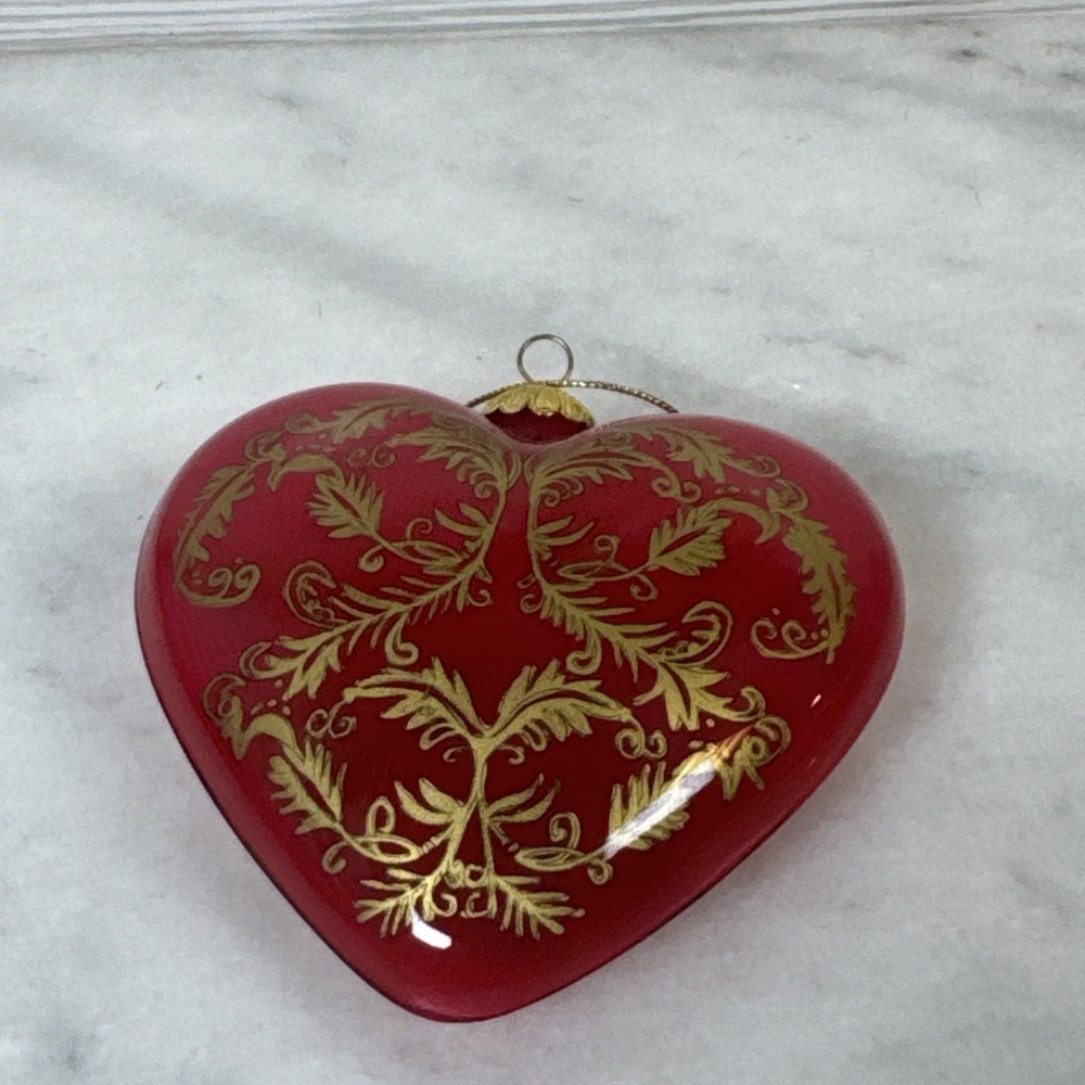 Li Bien Christmas Red/Gold Heart Glass Ornament 4" Pier 1 Gold Ornate Design Vtg